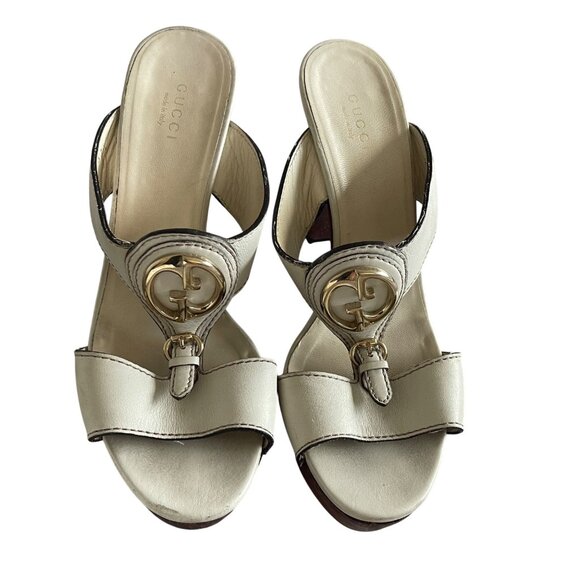 Gucci Vintage Womens Size 37.5 Tan T-bar Strap Gold Logo Peep Toe Platform Mule - Picture 2 of 16